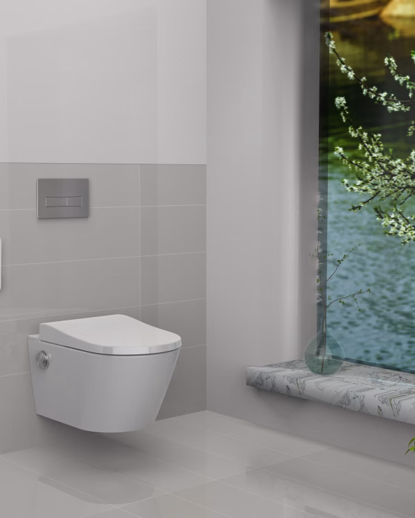 Wandhängendes WC mit integrierter Popodusche und Bedienpanel, modernes Badezimmer mit großem Fenster.